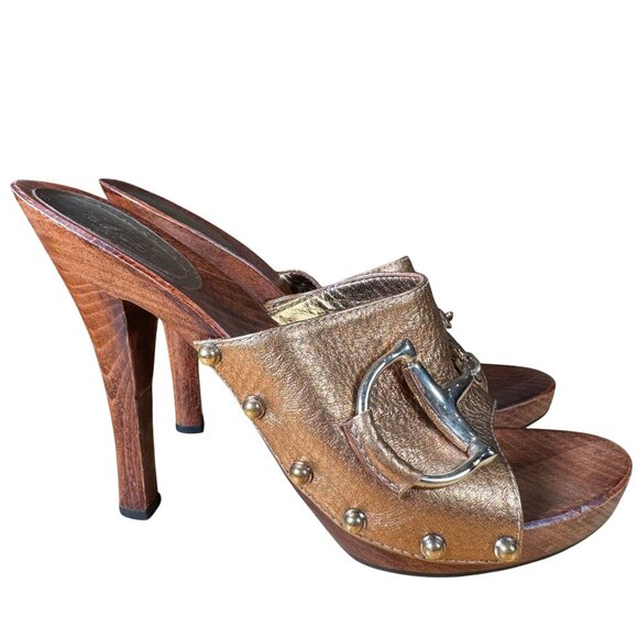 Gucci Bronze Leather Horsebit Wooden Clogs Heels Size UK 9B - Picture 6 of 12